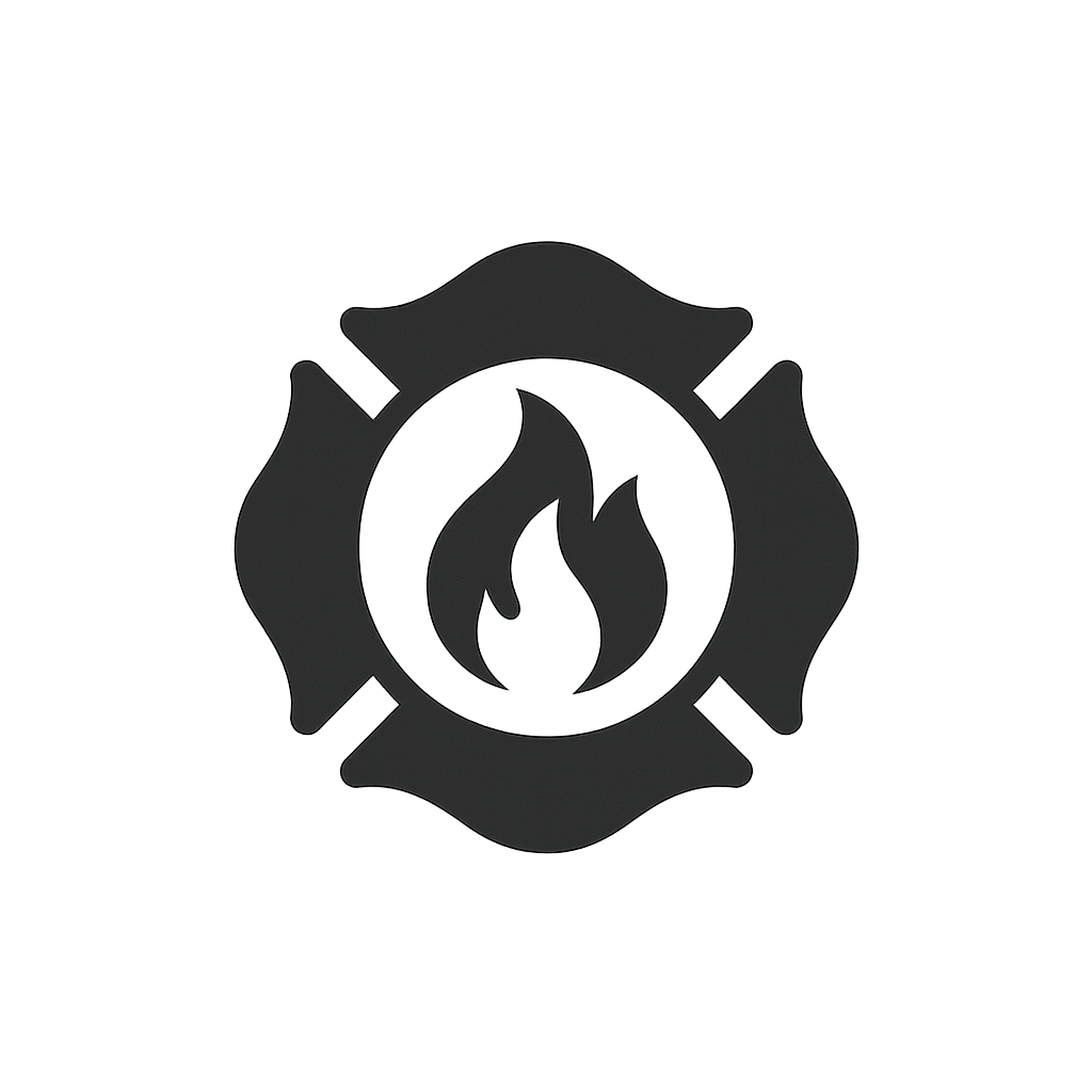 Firefighter emblem with flame symbol.